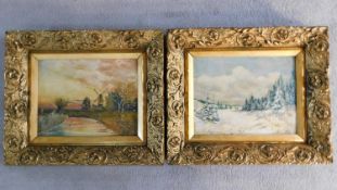 A pair of gilt framed oils on board, winter and summer landscapes, indistinctly signed. 53x44cm
