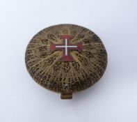A Portuguese silver gilt filigree and enamel compact, red and white enamel cross on front,