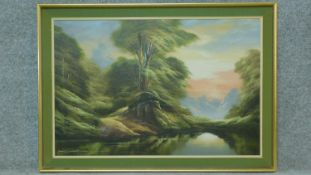 A framed oil on canvas depicting a river that runs through a forest. By David A. James. 104x73cm