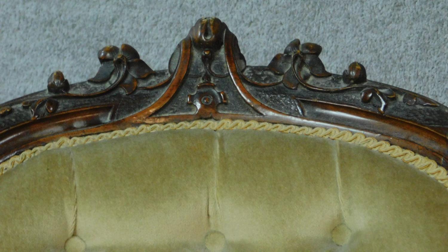 A Victorian carved mahogany framed chaise longue in sage buttoned upholstery on cabriole supports - Image 2 of 10