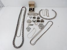 A collection of silver, white metal and gemstone jewellery, including a white metal fancy link
