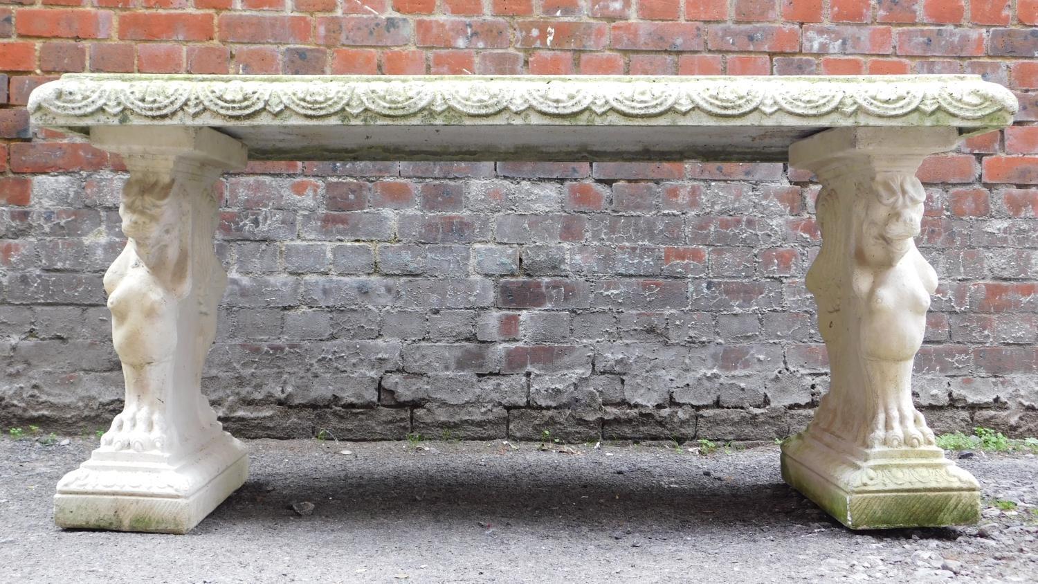 A large weathered concrete garden table in the Neo Classical style with rectangular top raised on - Image 2 of 7