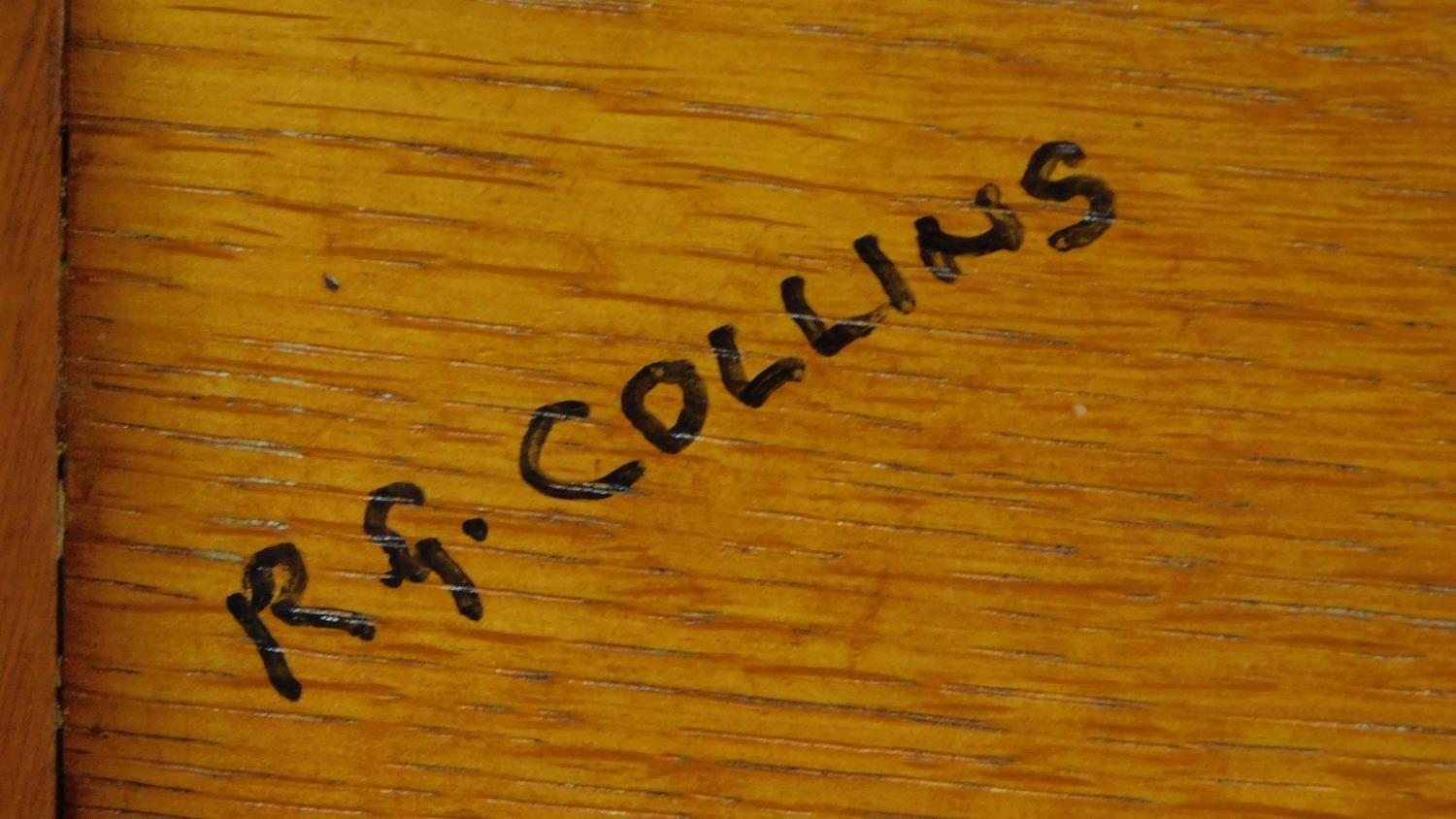 An oak Arts and Crafts book trough, signed by R. G. Collins to the bottom and an oak stool in - Image 6 of 6