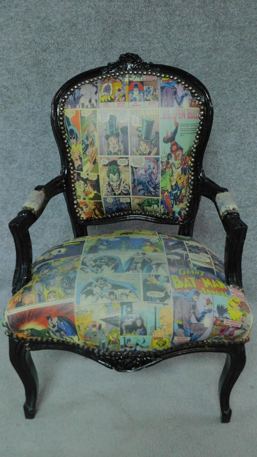 A French style ebonised armchair with comic strip upholstery. H.93cm - Image 2 of 7