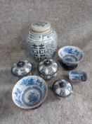 A collection of Oriental ceramics. Including a ginger jar, two bowls on stands and three lidded pots