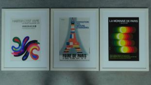 A trio of framed vintage Paris exhibition poster prints. 60x77cm
