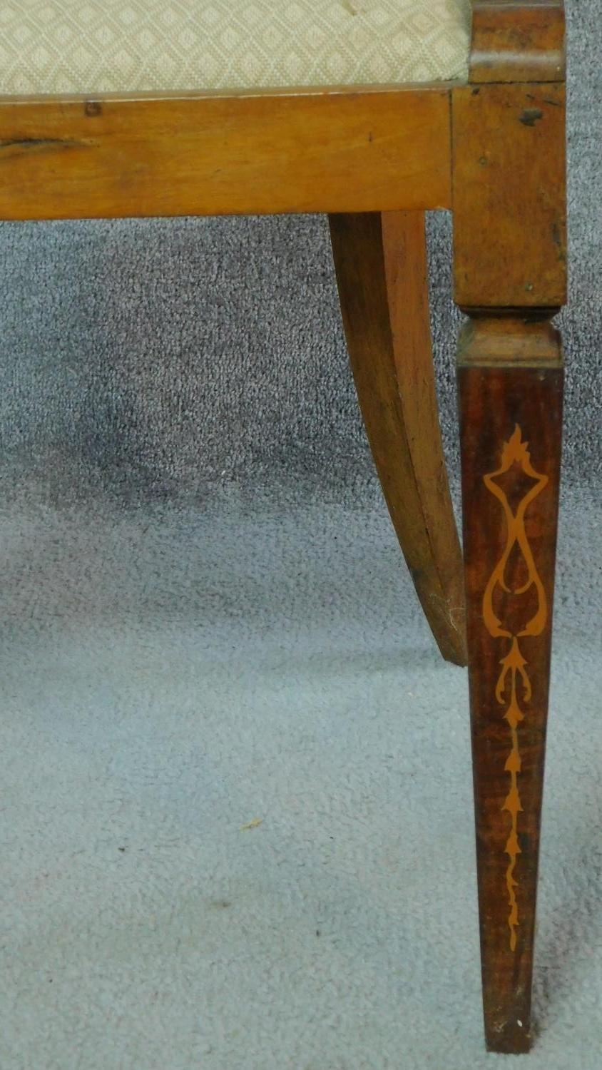 A set of four 19th century Continental walnut and satinwood inlaid chairs, lyre shaped backs on - Image 7 of 12