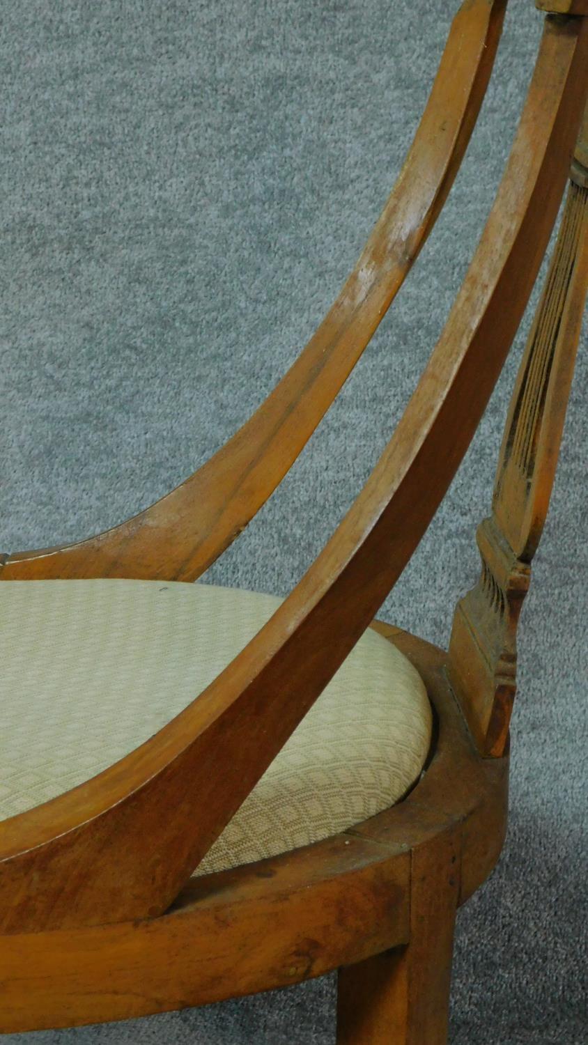 A set of four 19th century Continental walnut and satinwood inlaid chairs, lyre shaped backs on - Image 6 of 12