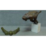 Two vintage fibre glass bonze effect sculptures of swimmers. H.59cm