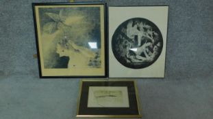 A set of three framed lithographs, one signed Daniel Bulovsky, one signed Akzo Horinhima and one