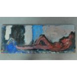 An oil on board by british artist Steve Mcann of a reclining woman. Signed to reverse. 91x34cm