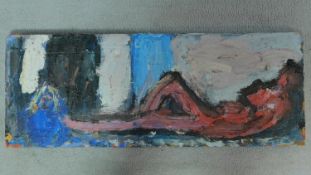 An oil on board by british artist Steve Mcann of a reclining woman. Signed to reverse. 91x34cm