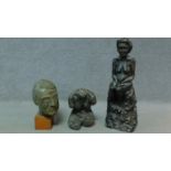 Three vintage cast fibre glass bronze effect sculptures of various human forms. H.71cm (tallest)