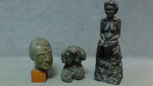 Three vintage cast fibre glass bronze effect sculptures of various human forms. H.71cm (tallest)