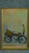 A gilt framed oil on board of man with bicycle signed Michael E. Francis. 65x45cm