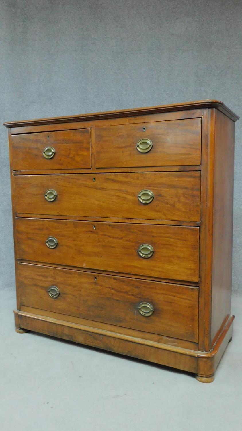 An Edwardian mahogany chest of two short over three long drawers raised on pebble feet. H.123 W. - Image 2 of 7