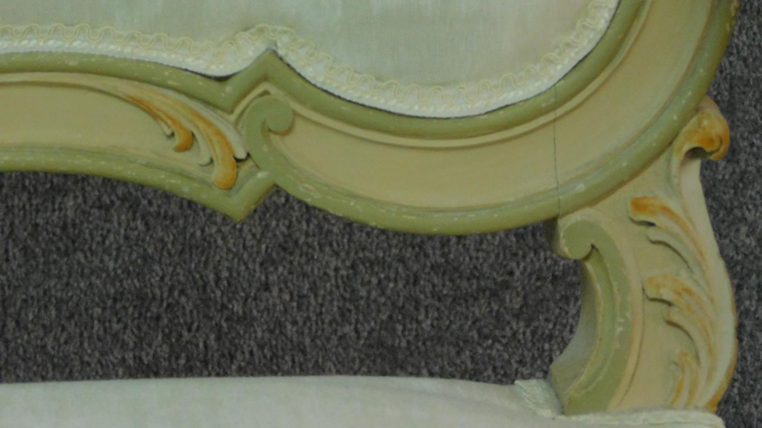 A 19th century Italian carved and painted canape in ivory damask on cabriole supports. H.112 W.148 - Image 6 of 12