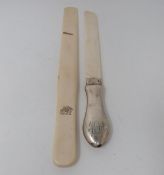 A silver and ivory letter opener with an ivory page turner, letter opener, makers mark WHW for
