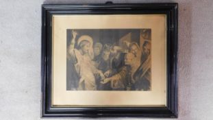 A framed antique lithograph of Jesus and his disciples. Label verso. 69x57cm
