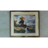 A framed and glazed watercolour and oil painting depicting a river that runs through a field.