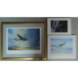 Three framed and signed prints of various aircraft by Leonard Cheshire. 79x97cm