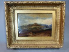 A 19th century oil on board, English school landscape in carved gilt frame. 51x63