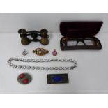 A collection of antique and vintage jewellery with other items. Jewellery includes antique White