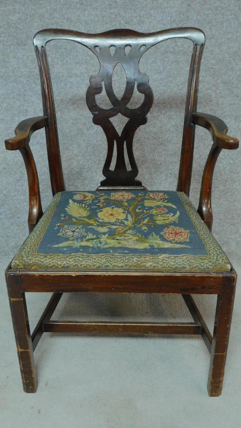 A Georgian mahogany open armchair with drop in tapestry seat on square tapering supports. H.94cm - Image 2 of 7