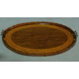 A 19th century mahogany with satinwood and olive wood inlay tray with brass handles. 73x52cm