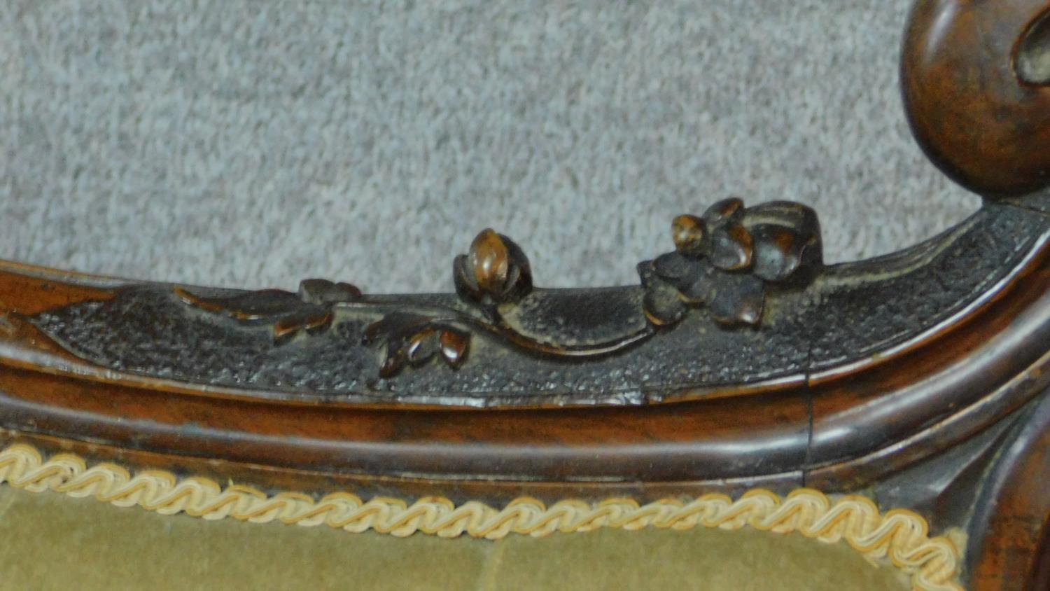 A Victorian carved mahogany framed chaise longue in sage buttoned upholstery on cabriole supports - Image 4 of 10