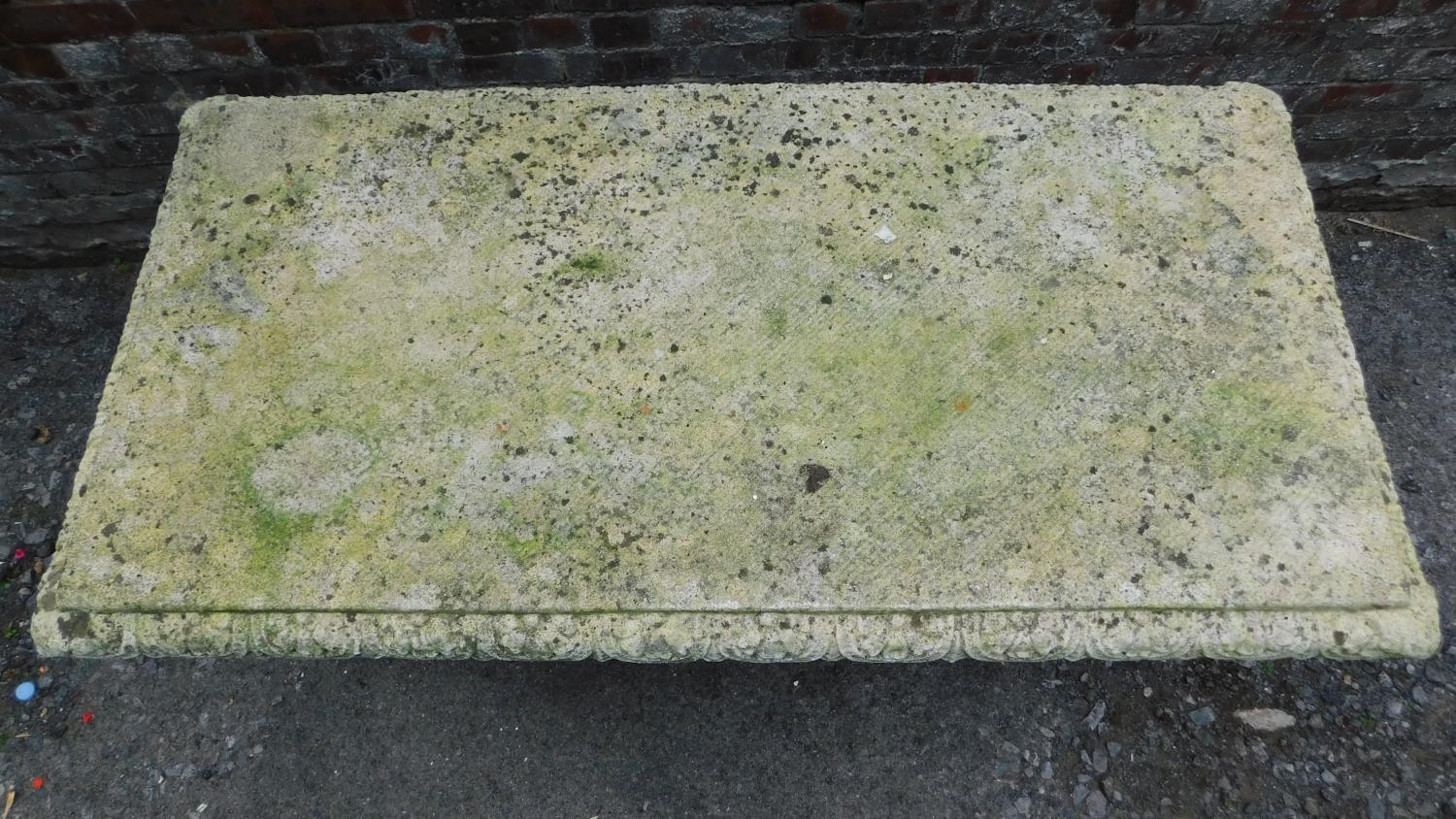 A large weathered concrete garden table in the Neo Classical style with rectangular top raised on - Image 3 of 7