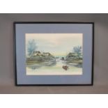 A framed and glazed Oriental watercolour on paper of an Asian village with boatman and palm trees.