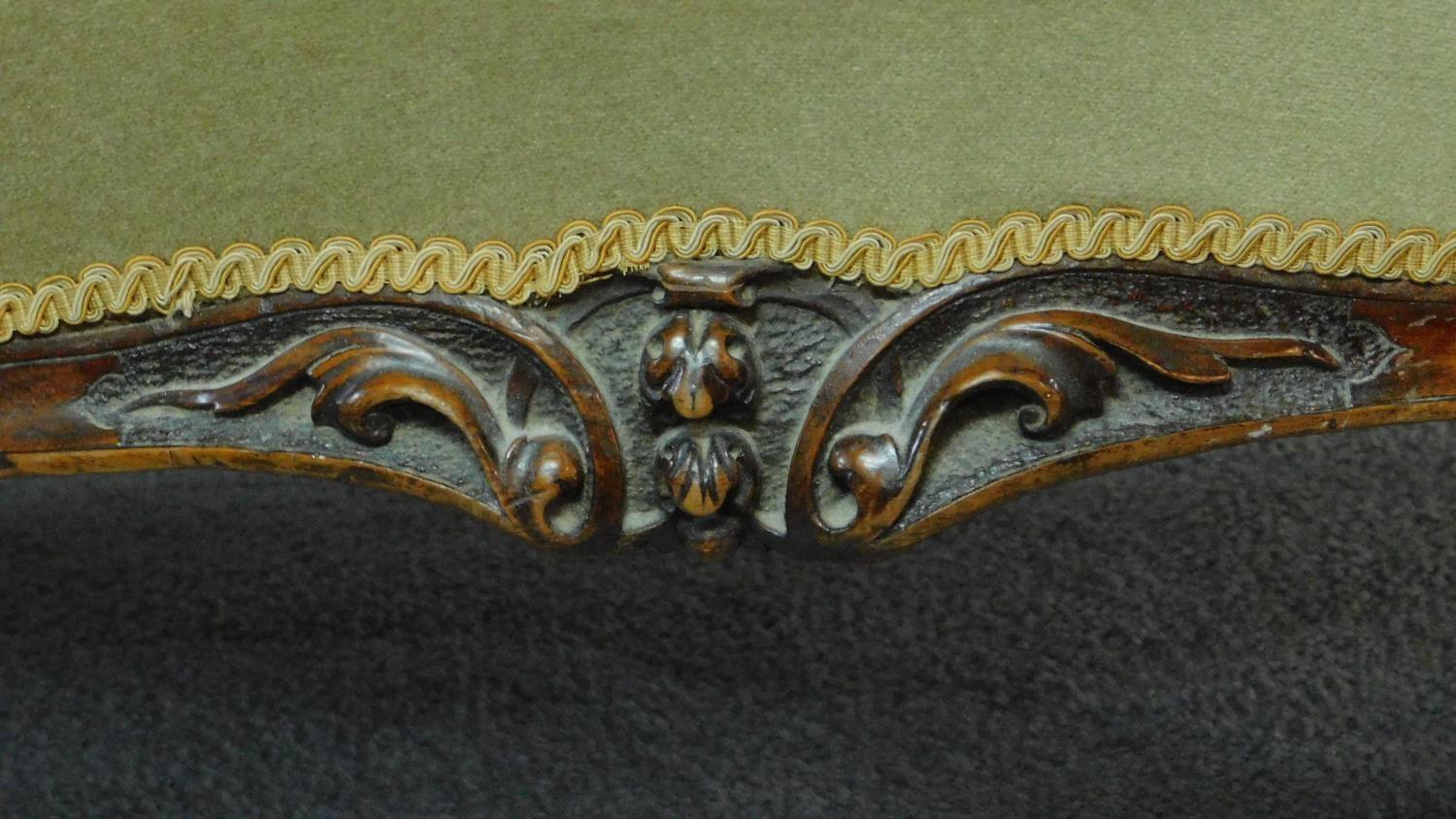 A Victorian carved mahogany framed chaise longue in sage buttoned upholstery on cabriole supports - Image 7 of 10