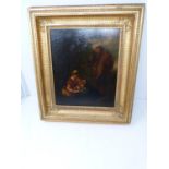 A 19th century oil on board in a carved giltwood frame. Depicting a father and mother and their