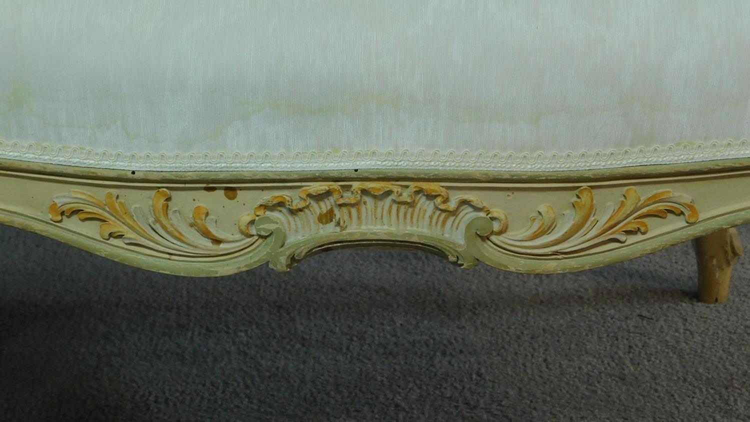 A 19th century Italian carved and painted canape in ivory damask on cabriole supports. H.112 W.148 - Image 7 of 12