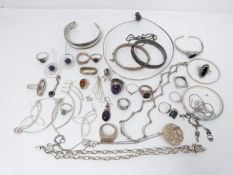 Collection of silver jewellery including, necklaces, bracelets, rings and earrings. Some pieces