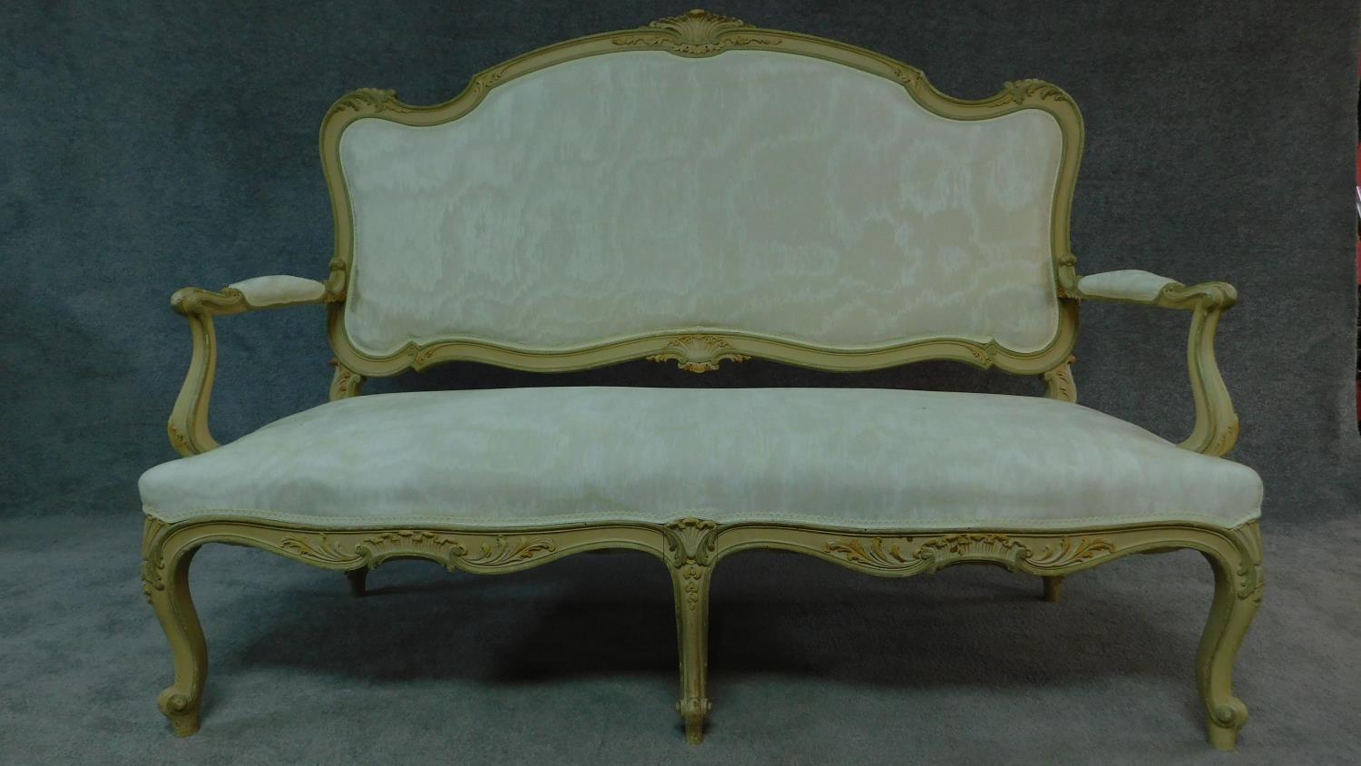 A 19th century Italian carved and painted canape in ivory damask on cabriole supports. H.112 W.148 - Image 2 of 12