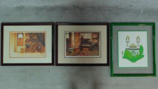 Three framed and glazed prints representing Arabic interiors and castle, all signed. 64x54cm (