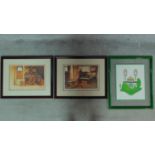 Three framed and glazed prints representing Arabic interiors and castle, all signed. 64x54cm (