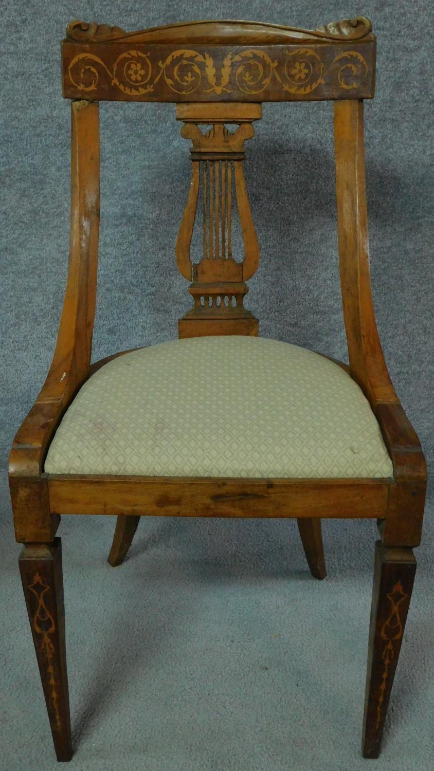 A set of four 19th century Continental walnut and satinwood inlaid chairs, lyre shaped backs on - Image 3 of 12