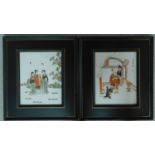 Two framed marble paintings depicting geishas and a ceremony. 53x47cm