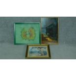 A framed oil on board of street scene signed Michael E. Francis, a framed oil on board of tree