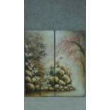 Two oil on boards depicting a Japanese Autumn, unsigned. 100x45cm