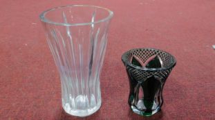 Two cut glass vases. One emerald cut to clear glass vase by Val St Lambert, tulip form, signed to