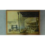 A framed oil on board of a ship building yard, signed Michael Francis. Label to verso. 48x65cm