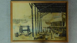 A framed oil on board of a ship building yard, signed Michael Francis. Label to verso. 48x65cm