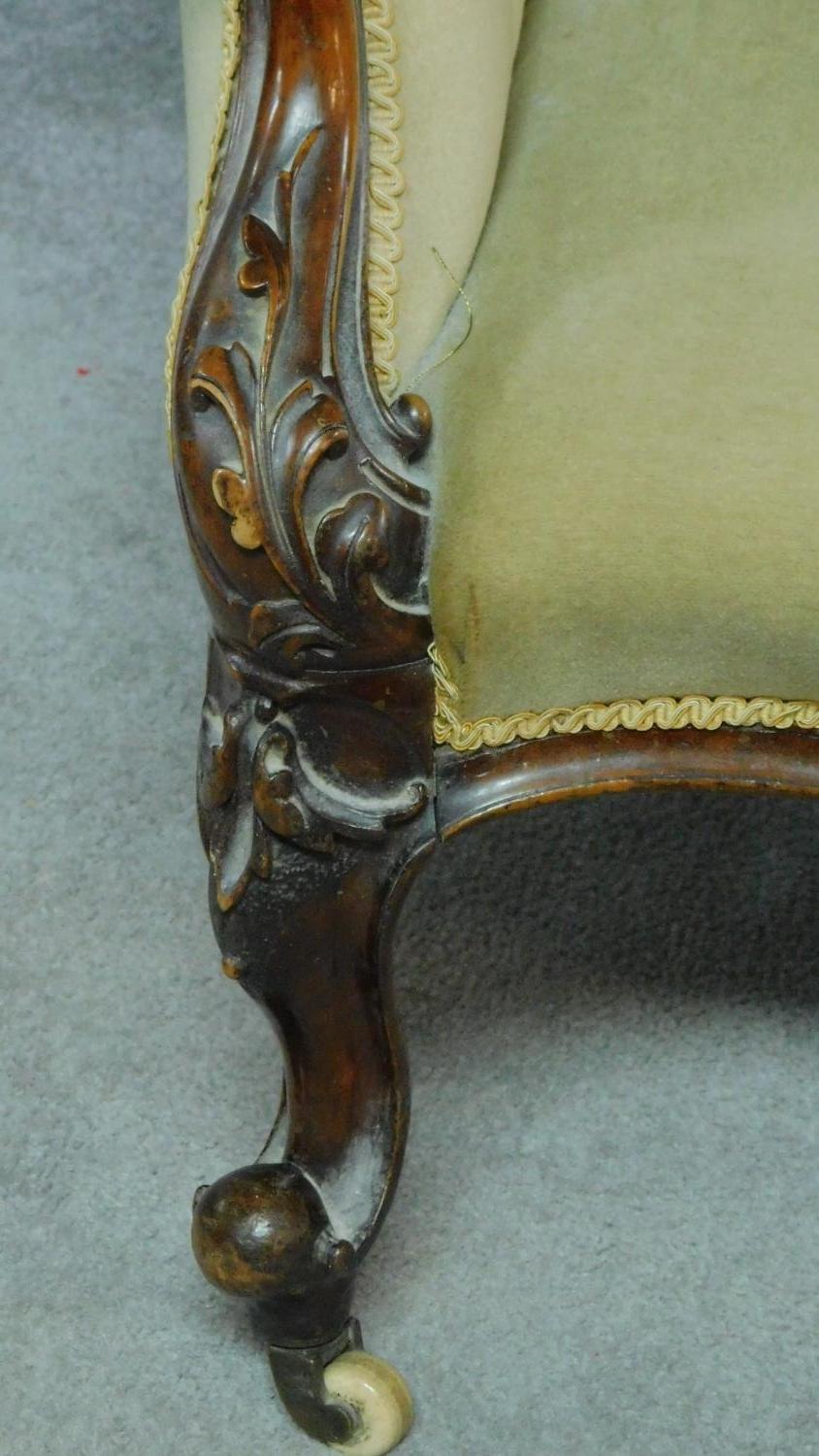 A Victorian carved mahogany framed chaise longue in sage buttoned upholstery on cabriole supports - Image 5 of 10