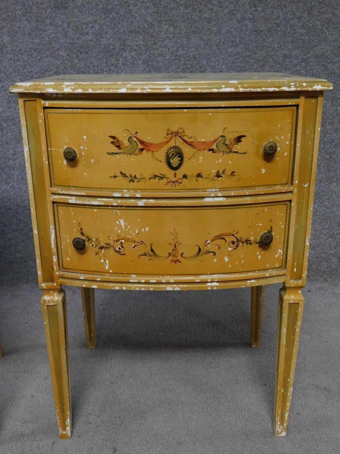 A pair of Italian hand painted bedside cabinets raised on tapering square supports. H.68 W.49 D.39cm - Image 3 of 13