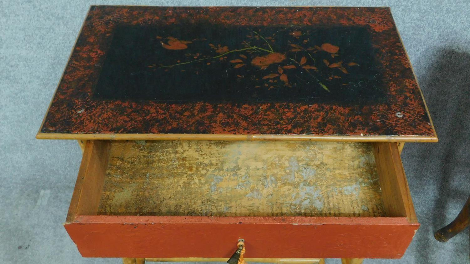 A late 19th century bamboo bedside table with floral red and black lacquered top and one drawer - Image 4 of 6