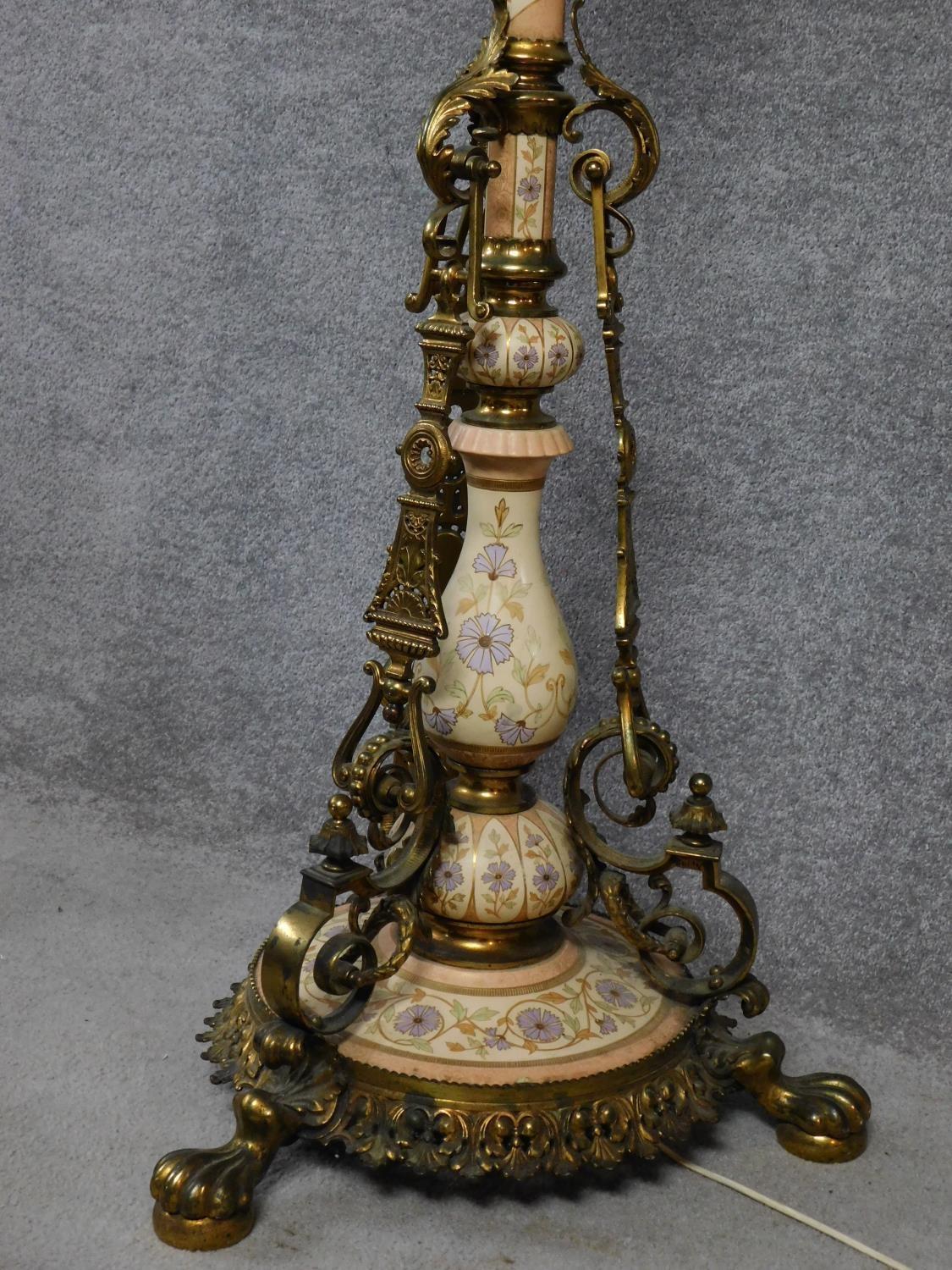 A ceramic and brass tall standard lamp with gilded and hand painted floral design. H.178cm - Image 4 of 7